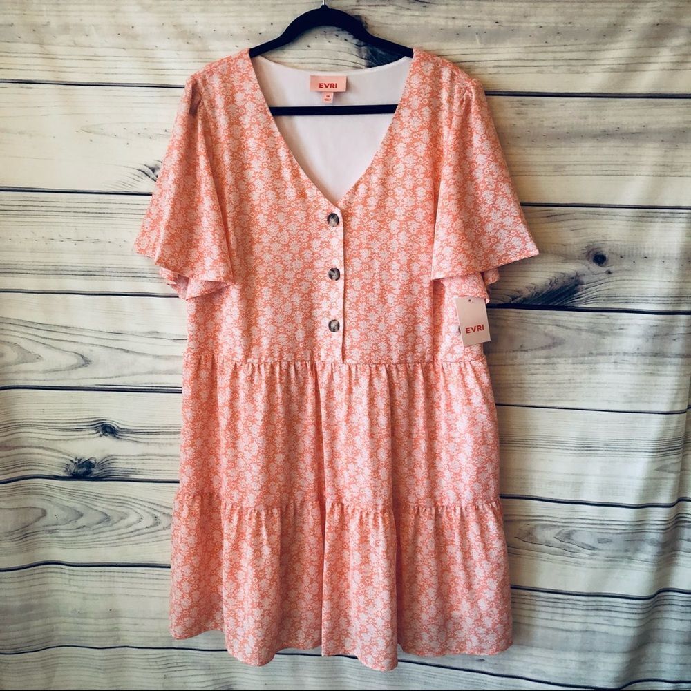 Pink Floral Button Down Flutter Sleeve Dress 1X